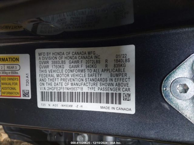 2HGFE2F51NH563718 Honda Civic Sport