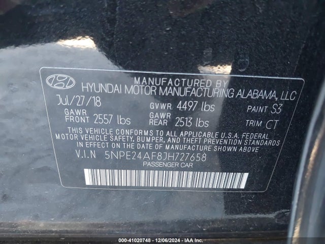 5NPE24AF8JH727658 Hyundai SONATA SE
