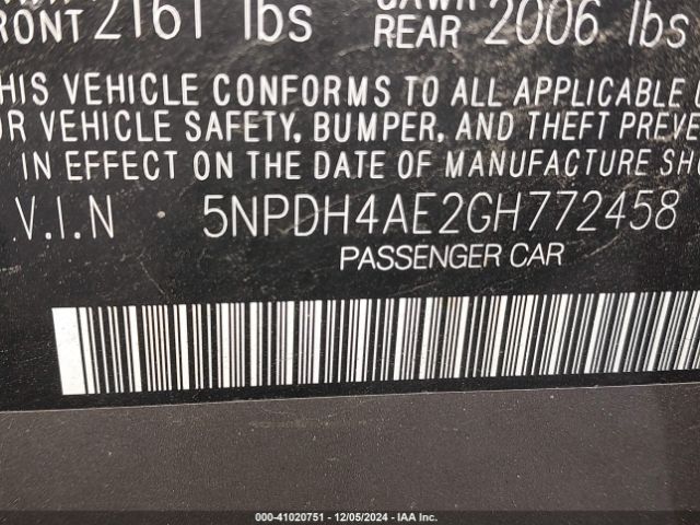 5NPDH4AE2GH772458 Hyundai Elantra Value Edition