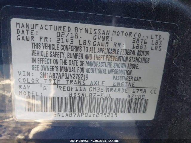 3N1AB7AP0JY279219 Nissan SENTRA S