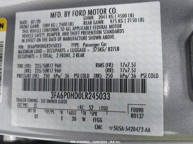 Ford FUSION SE 2020 3FA6P0HD0LR245033 Image 9