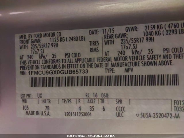 Ford ESCAPE SE 2016 1FMCU9GX0GUB65733 Image 9