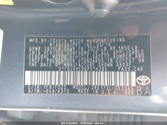 5YFBURHE9GP514284 Toyota Corolla S Plus