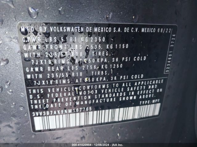 3VV3B7AX9NM167765 Volkswagen Tiguan 2.0t Se