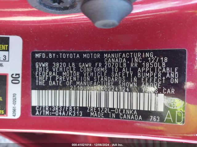 2T1BURHE4KC224124 Toyota COROLLA LE