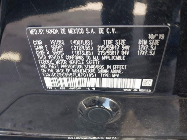 3CZRU5H57LM701851 Honda Hr-v 2wd Ex