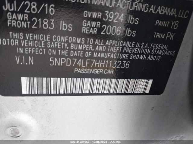 5NPD74LF7HH113236 Hyundai ELANTRA SE