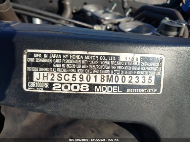 2008 HONDA CBR1000 JH2SC59018M002335 Photo 9