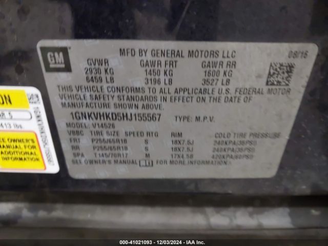 1GNKVHKD5HJ155567 Chevrolet Traverse 2lt