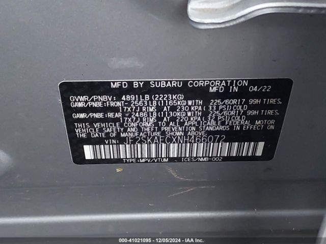 JF2SKAECXNH466072 Subaru Forester Premium