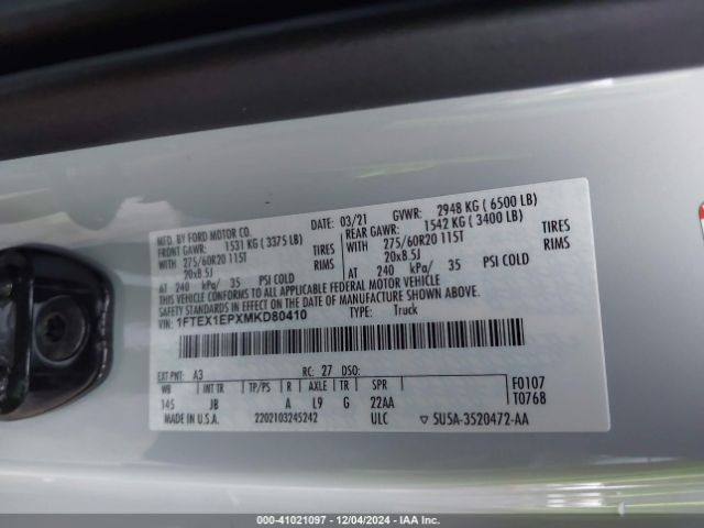 1FTEX1EPXMKD80410 Ford F-150 Xl