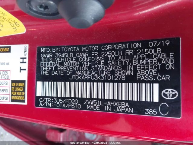 JTDKARFU3K3101278 Toyota Prius Le