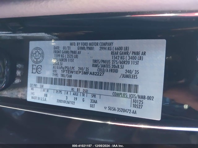 Ford F-150 Lariat 2021 1FTEW1EP3MFA82227 Image 9