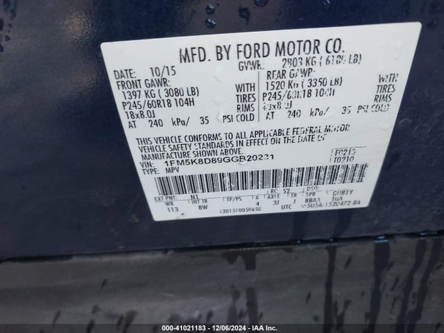 Ford EXPLORER XLT 2016 1FM5K8D89GGB20231 Image 9