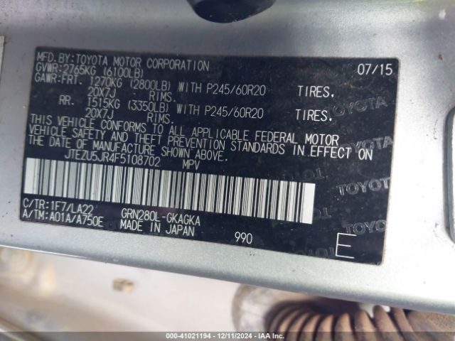 JTEZU5JR4F5108702 Toyota 4runner Limited