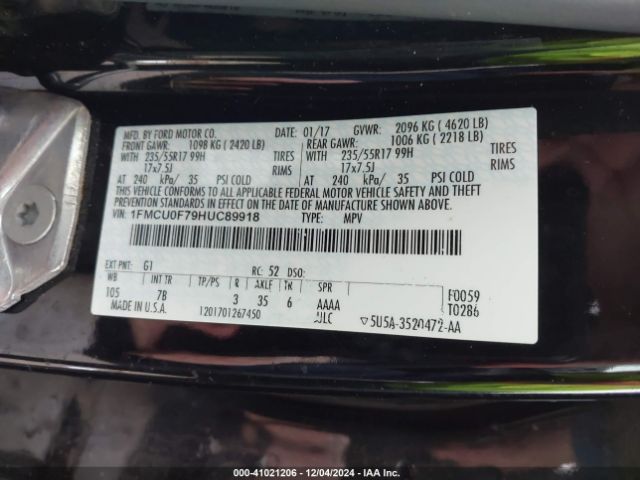 1FMCU0F79HUC89918 Ford ESCAPE S