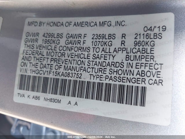 Honda ACCORD LX 2019 1HGCV1F15KA083752 Image 9