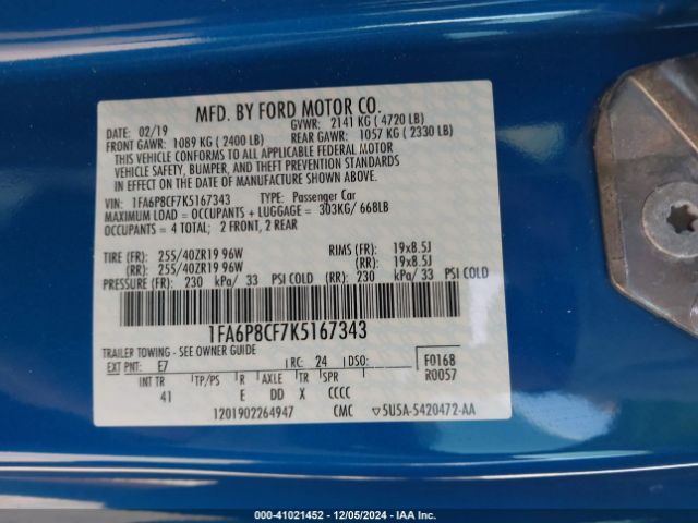 1FA6P8CF7K5167343 Ford Mustang Gt Premium
