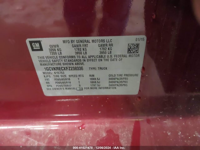 1GCVKRECXFZ238336 Chevrolet Silverado 1500 1lt