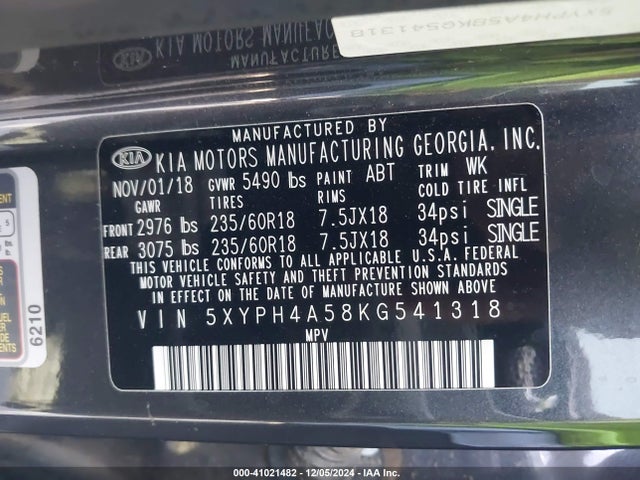 5XYPH4A58KG541318 KIA Sorento 3.3l Ex