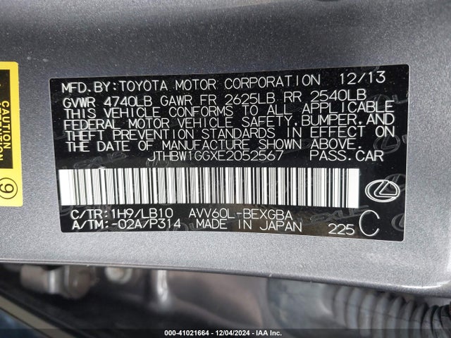 JTHBW1GGXE2052567 Lexus ES 300H