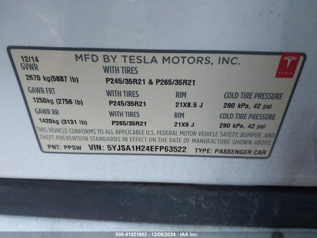 2014 TESLA MODEL S 5YJSA1H24EFP63522 Photo 8