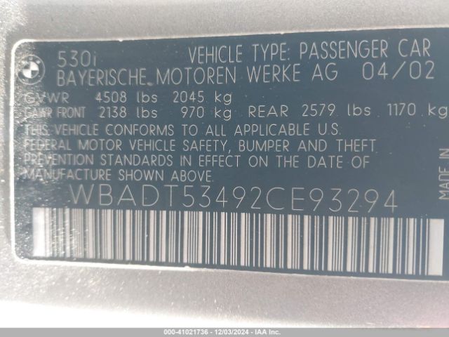 2002 BMW 530I WBADT53492CE93294 Photo 8