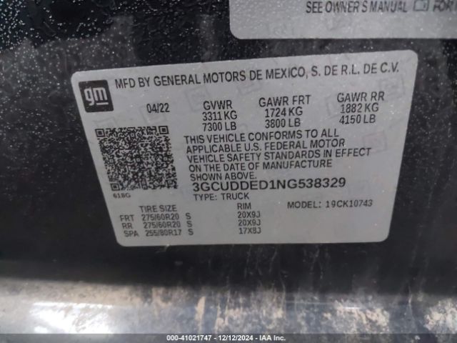3GCUDDED1NG538329 Chevrolet Silverado 1500 4wd  Standard Bed Lt