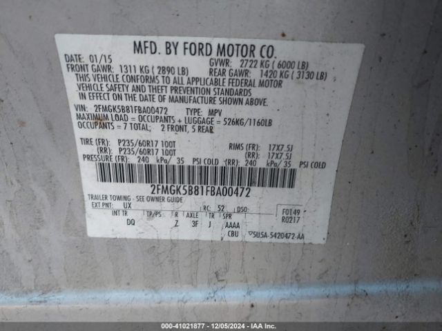 2FMGK5B81FBA00472 Ford FLEX SE