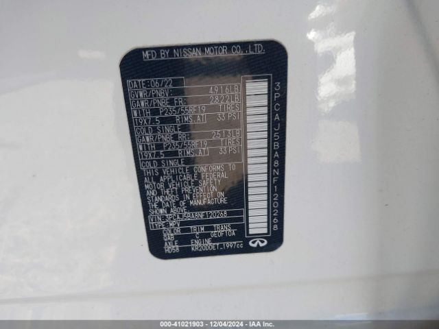 3PCAJ5BA8NF120268 Infiniti Qx50 Luxe