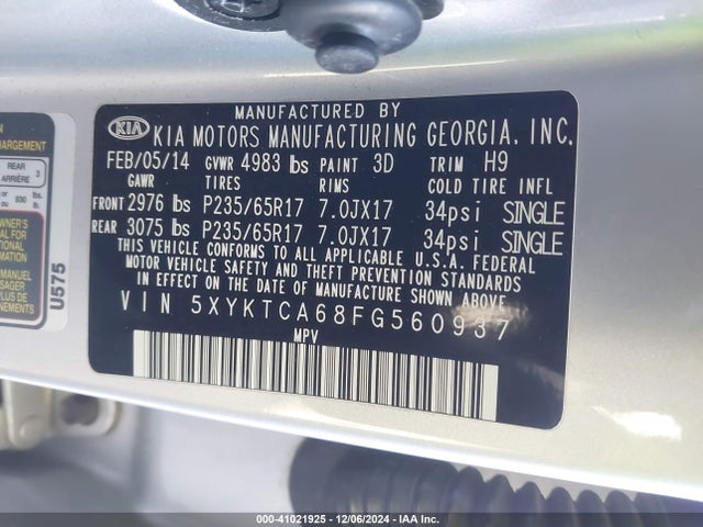 5XYKTCA68FG560937 KIA SORENTO LX