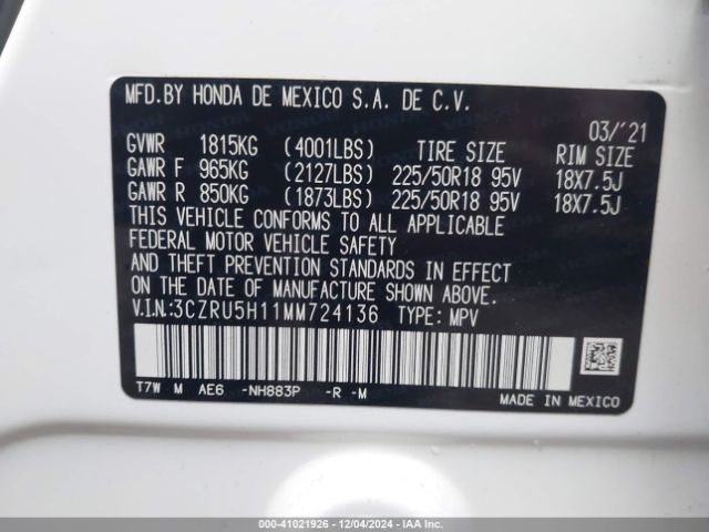 3CZRU5H11MM724136 Honda Hr-v 2wd Sport
