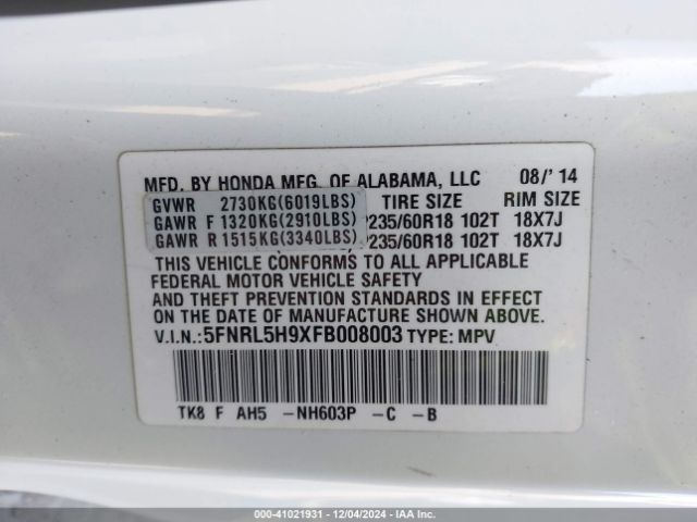 5FNRL5H9XFB008003 Honda Odyssey Touring/touring Elite