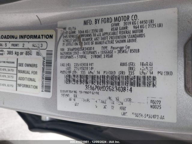 3FA6P0HD2GR340814 Ford FUSION SE