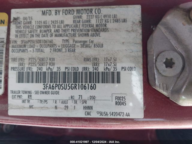 3FA6P0SU5GR106160 Ford Fusion Energi Titanium