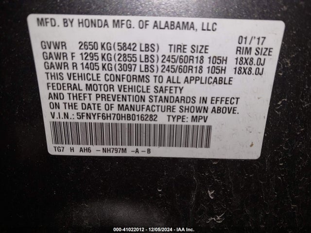 Honda Pilot Ex-l 2017 5FNYF6H70HB016282 Image 9