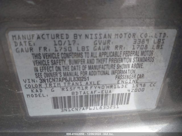 3N1CN7AP6JL830251 Nissan Versa 1.6 S