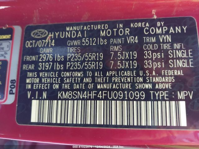 KM8SN4HF4FU091099 Hyundai Santa Fe Gls