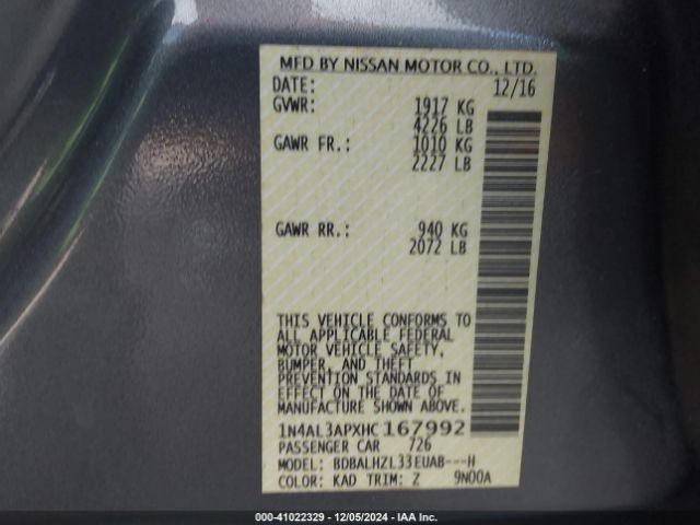 1N4AL3APXHC167992 Nissan Altima 2.5 Sr