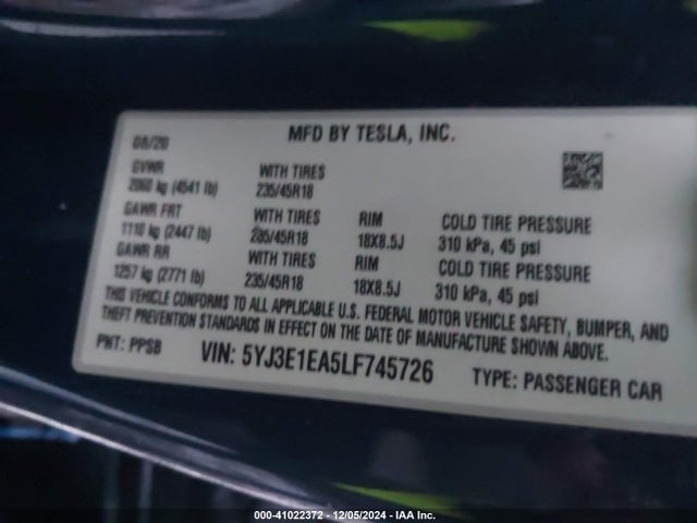 2020 TESLA MODEL 3 5YJ3E1EA5LF745726 Photo 8