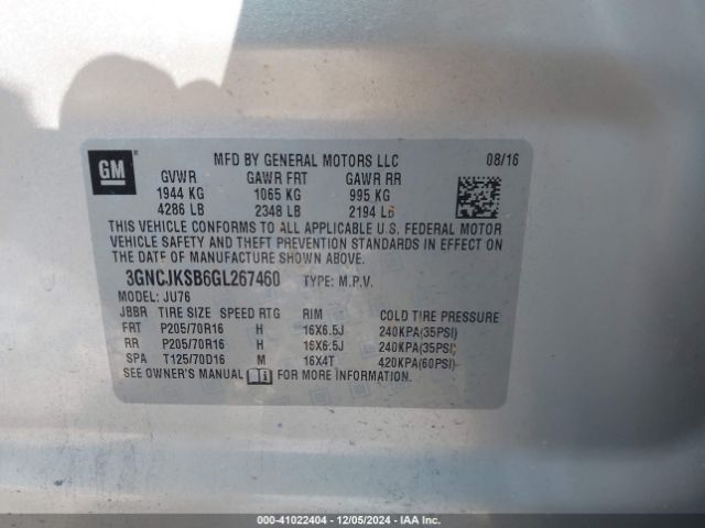 3GNCJKSB6GL267460 Chevrolet Trax 1ls
