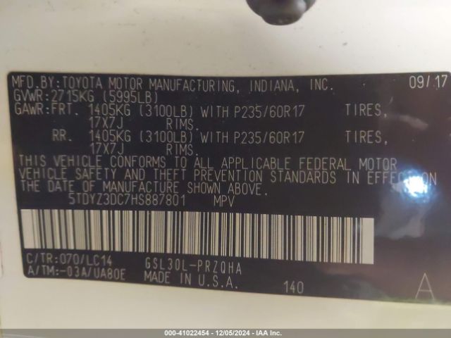 5TDYZ3DC7HS887801 Toyota Sienna Xle/limited