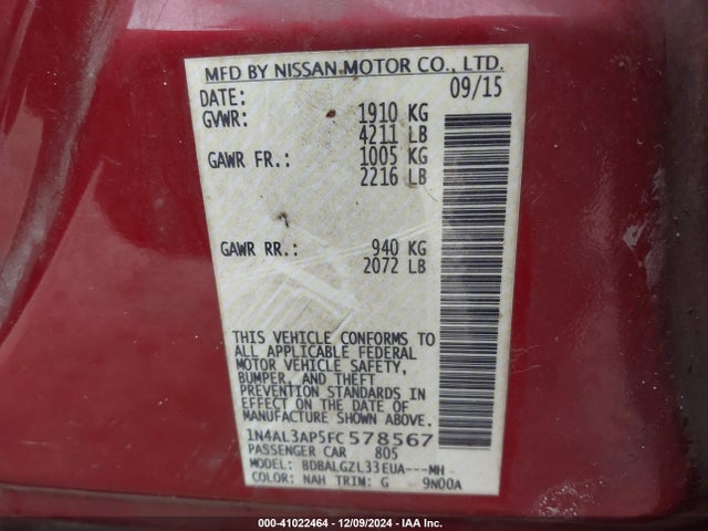 Nissan Altima 2.5 S 2015 1N4AL3AP5FC578567 Image 9