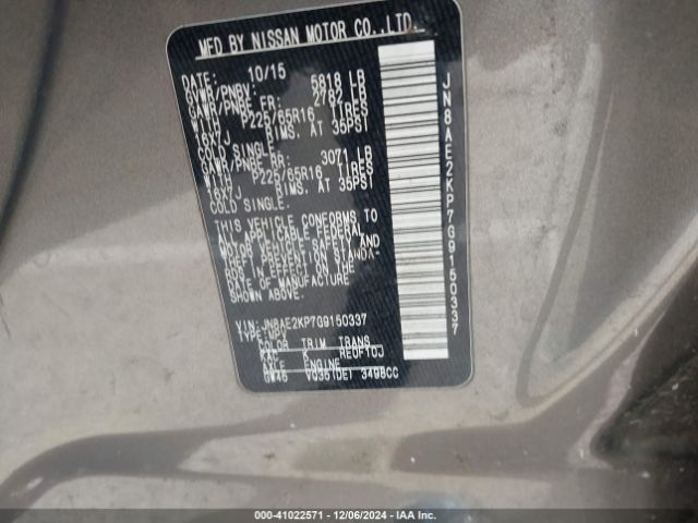 JN8AE2KP7G9150337 Nissan Quest Platinum/s/sl/sv