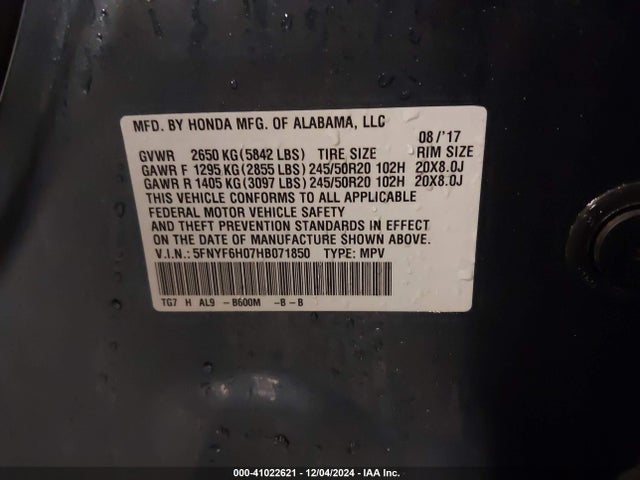 Honda Pilot Elite 2017 5FNYF6H07HB071850 Image 9