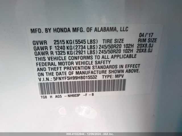 5FNYF5H99HB015532 Honda Pilot Touring