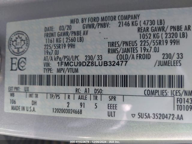 1FMCU9DZ8LUB32477 Ford Escape Titanium Hybrid