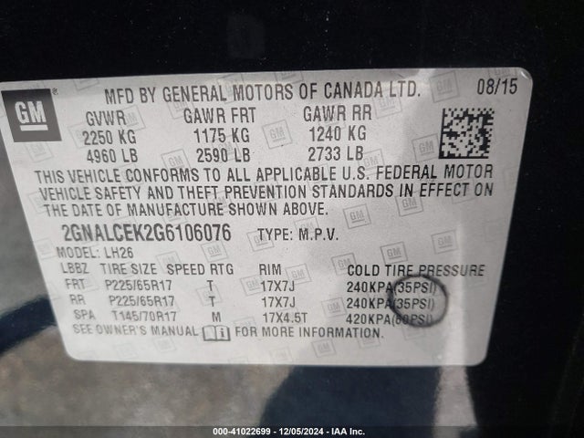 Chevrolet EQUINOX LT 2016 2GNALCEK2G6106076 Image 9