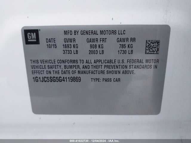 1G1JC5SG5G4119869 Chevrolet Sonic Lt Auto