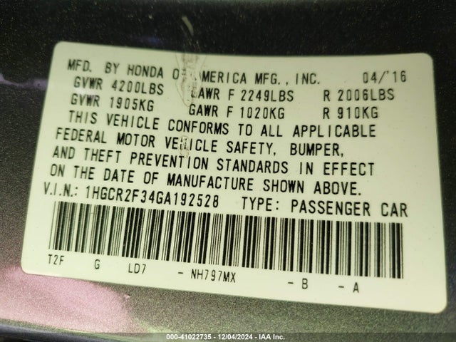 Honda ACCORD LX 2016 1HGCR2F34GA192528 Image 9